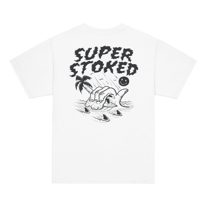 Sharker Barrel Youth Classic T-shirt in White, back view — Super Stoked