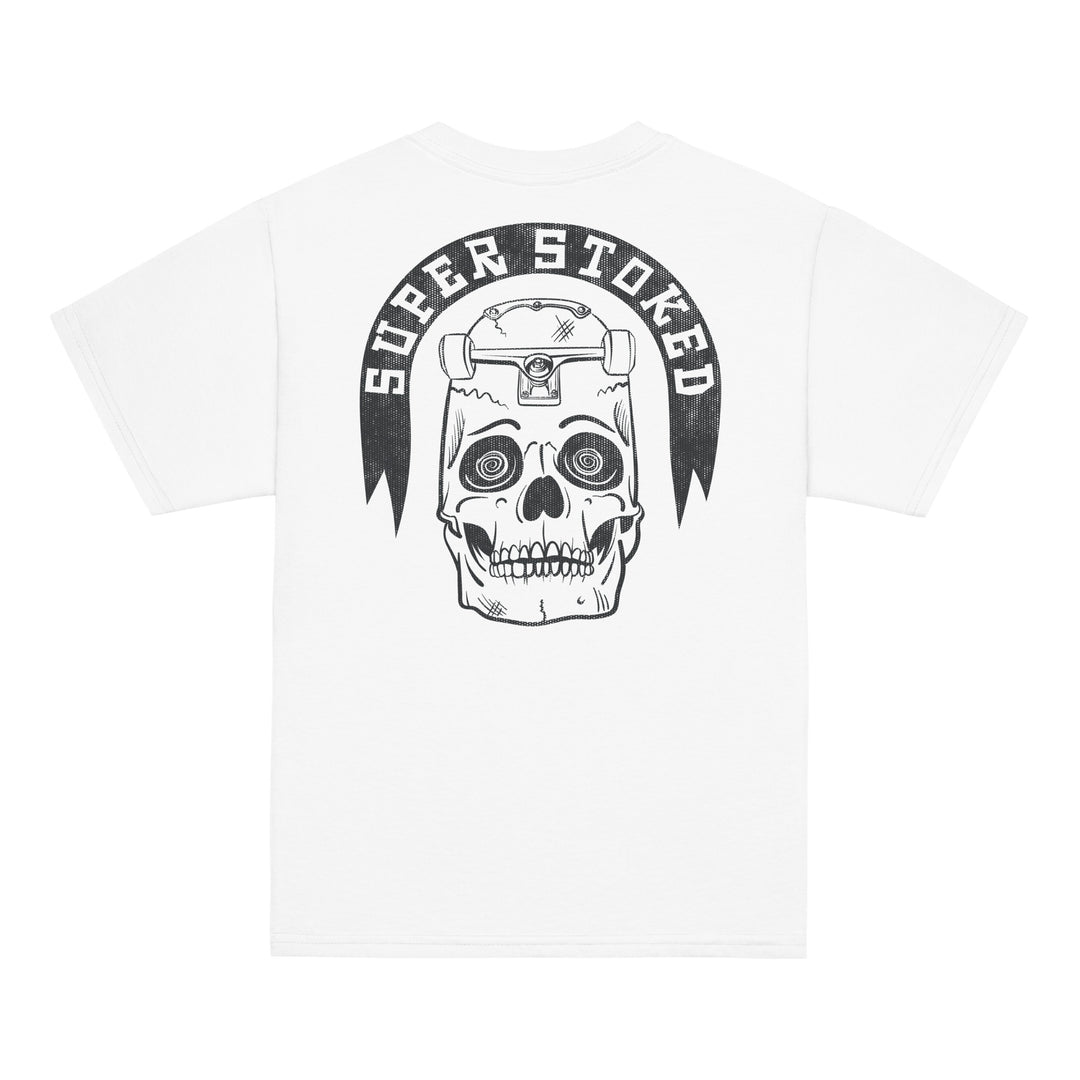 Skate or Die Youth Classic T-shirt in White, back view — Super Stoked
