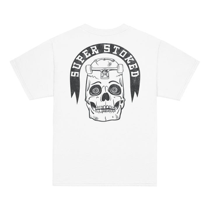 Skate or Die Youth Classic T-shirt in White, back view — Super Stoked