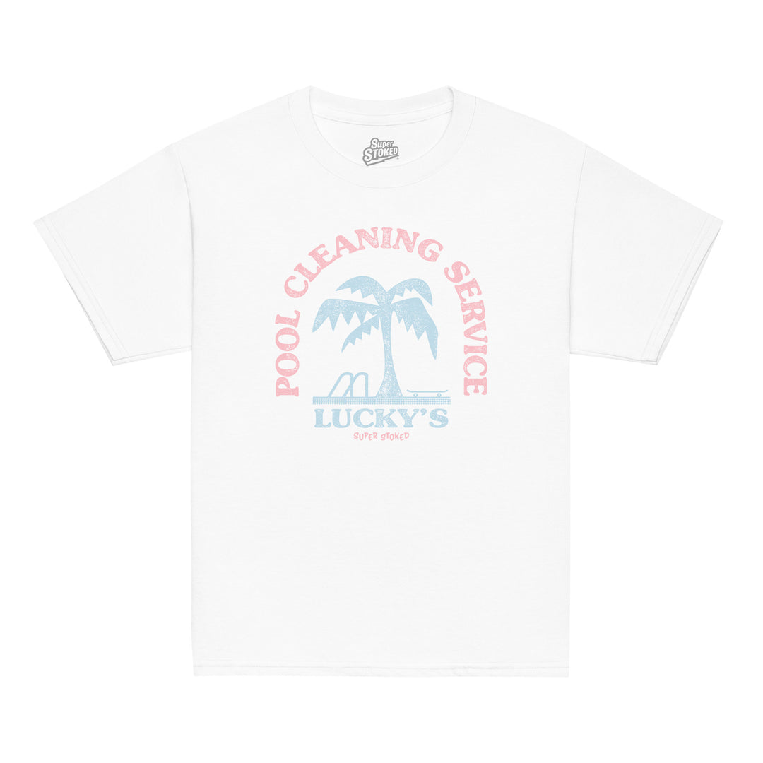 Luckys Youth Classic T-shirt in White, front view — Super Stoked