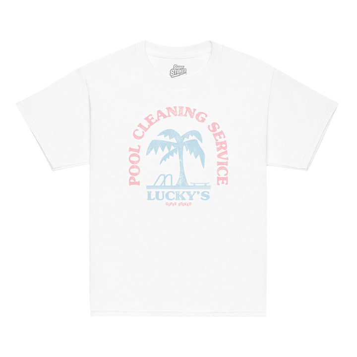 Luckys Youth Classic T-shirt in White, front view — Super Stoked