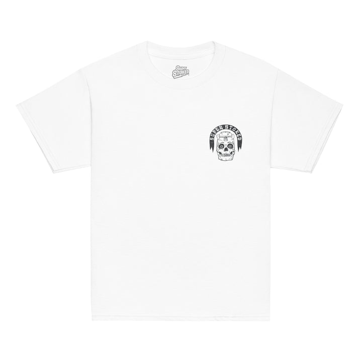 Skate or Die Youth Classic T-shirt in White, front view — Super Stoked